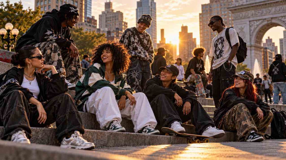 Streetwear community wearing graphic tees, hoodies and relaxed silhouettes in a city park at golden hour