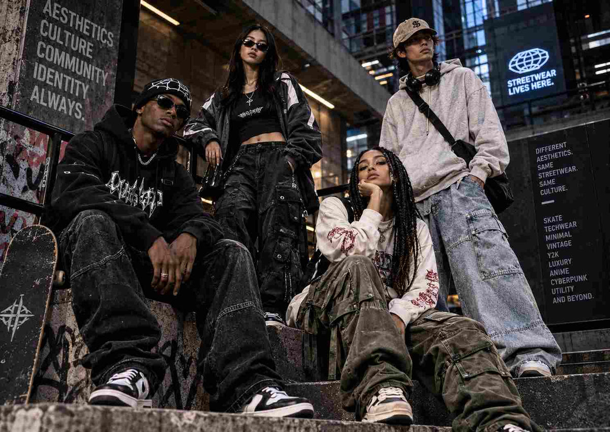 Streetwear editorial showing contemporary urban outfits with relaxed silhouettes, graphic layers and sneakers.