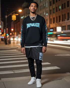 Man wearing the Multiversity Dripwalker sweatshirt from the Vault Collection, featuring cross sleeve details and premium streetwear design.