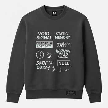 Void Signal Black sweatshirt with white text and graphics on a light gray background