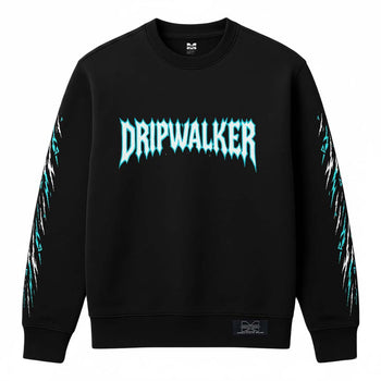Front view of Dripwalker Sweatshirt in black with bold cyan DRIPWALKER logo and sleeve motifs