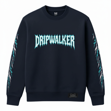 Front view of Dripwalker Sweatshirt in navy with cyan glitch text and sleeve graphics