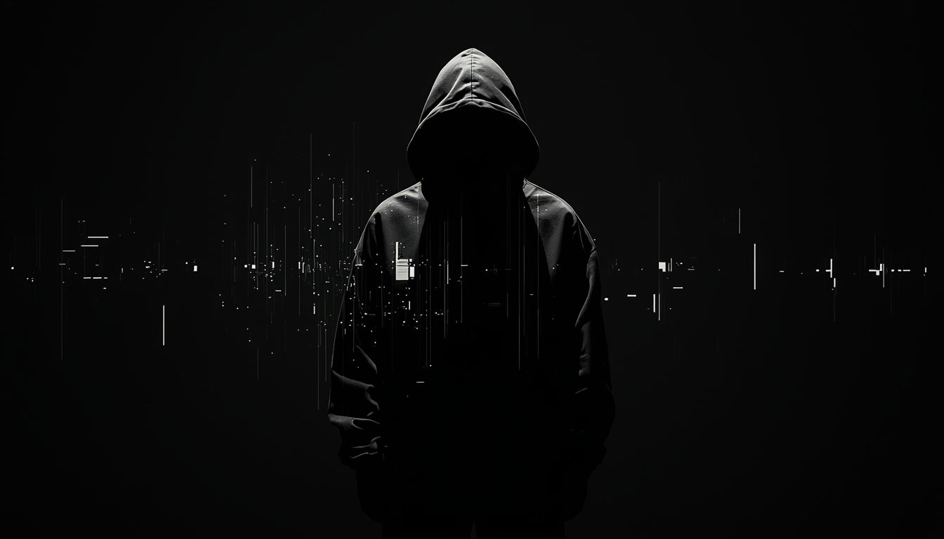 Person wearing a hooded jacket standing in a dark cityscape at night