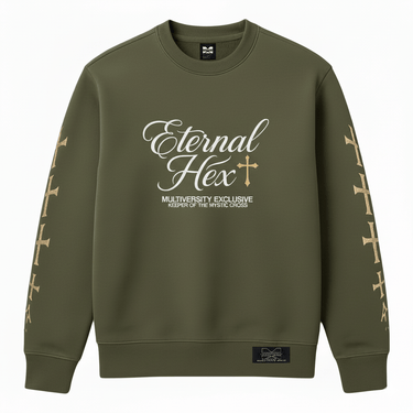 Front view of Eternal Hex Sweatshirt in green with gold cross sleeve graphics