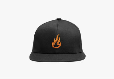 Front view of black snapback cap with embroidered orange flame sigil