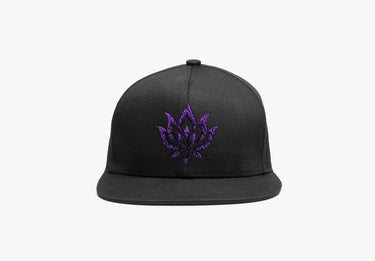 Black snapback cap with violet flame lotus embroidery inspired by Cyndra Vex from Multiversity.