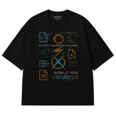 Multiversity Glitch Transfer Tee in black with cyan and gold graphic print, front view
