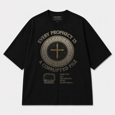 Multiversity Prophecy Sigil Tee in black with distressed gold sigil graphic, front view