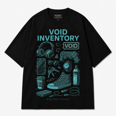 Multiversity Void Inventory Tee in black with teal Modern Chaos graphic, front view