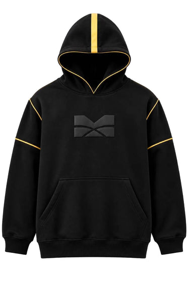 Close-up of the gold piping and construction details on the Nyrah Hex Fate Stack Hoodie.