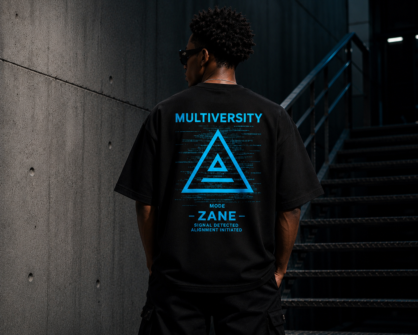 Rear lifestyle view of a model wearing the Zane Mode Tee with the oversized Zane signal graphic on the back.