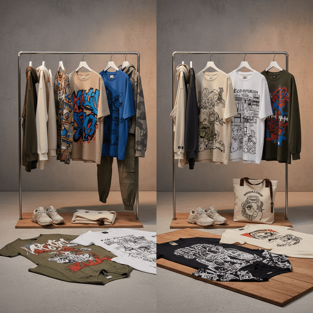 Collage of men’s graphic T-shirts from streetwear, sustainable, and artistic brand.