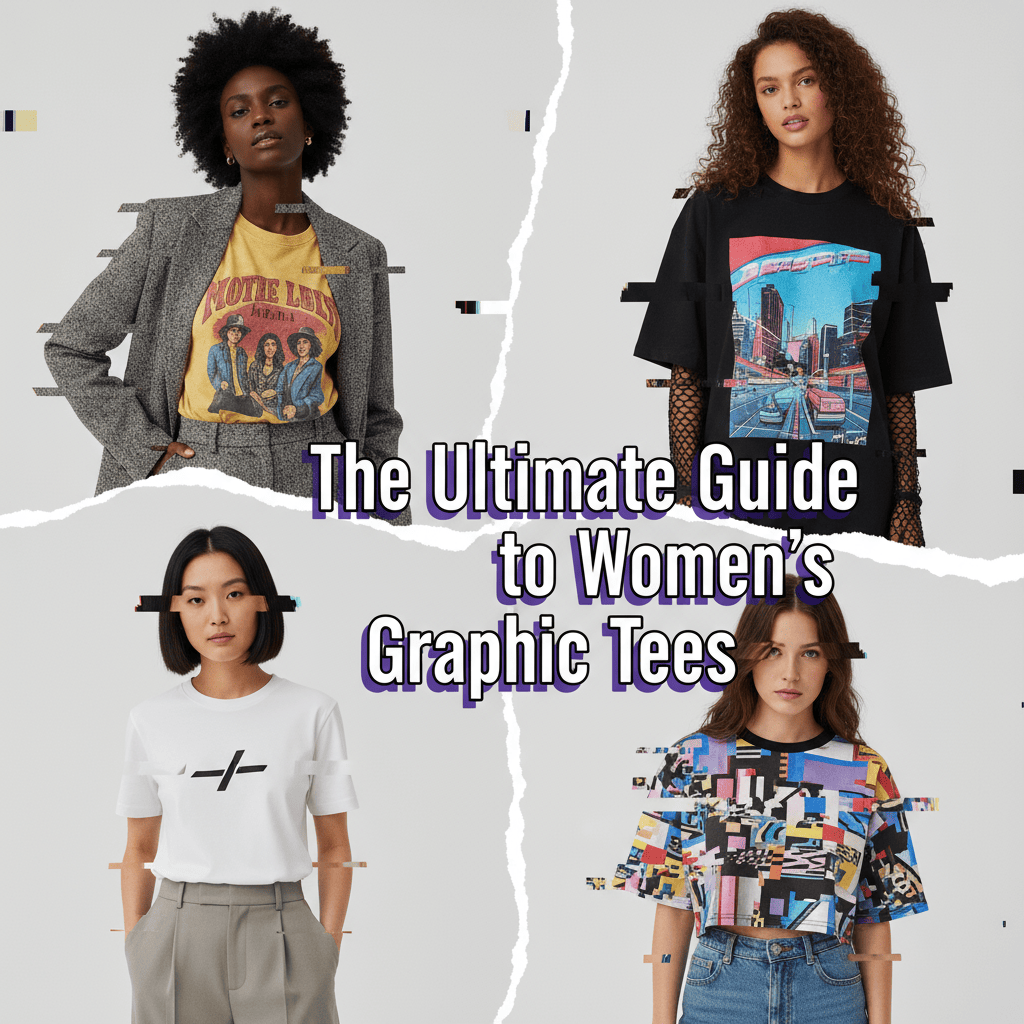 Collage of women wearing different graphic tees with bold blog title overlay ‘The Ultimate Guide to Women’s Graphic Tees in glitch-inspired style.