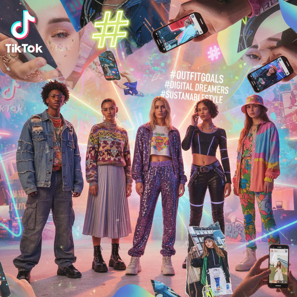 Vibrant digital collage showing Gen Z fashion and culture — diverse young people wearing oversized streetwear, thrifted vintage pieces, and Y2K accessories against a neon digital background with social media icons.