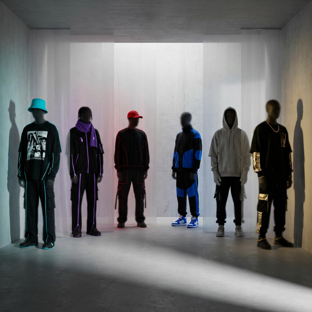 AI streetwear glitchwear design by Multiversity featuring glowing triangle sigil and encrypted symbols