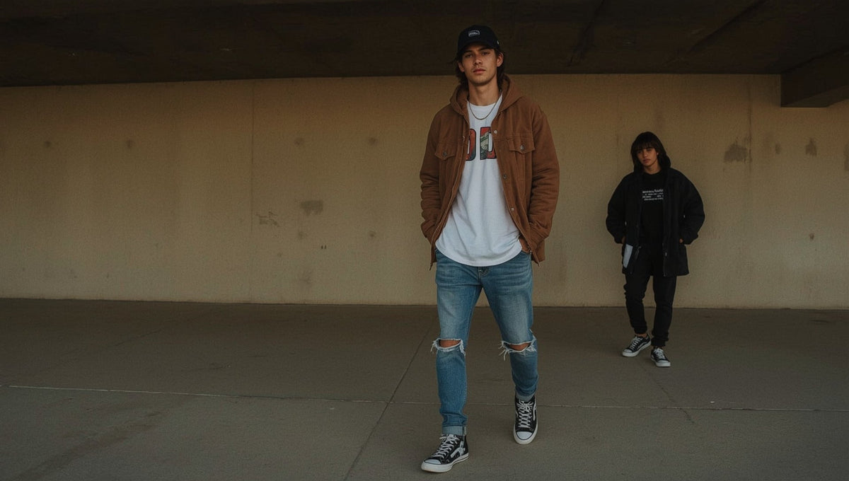 Men wearing layered urban streetwear outfits in a modern city setting at sunset.
