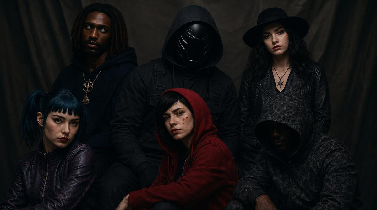 Premium editorial character-inspired streetwear silhouettes, dark luxury background.