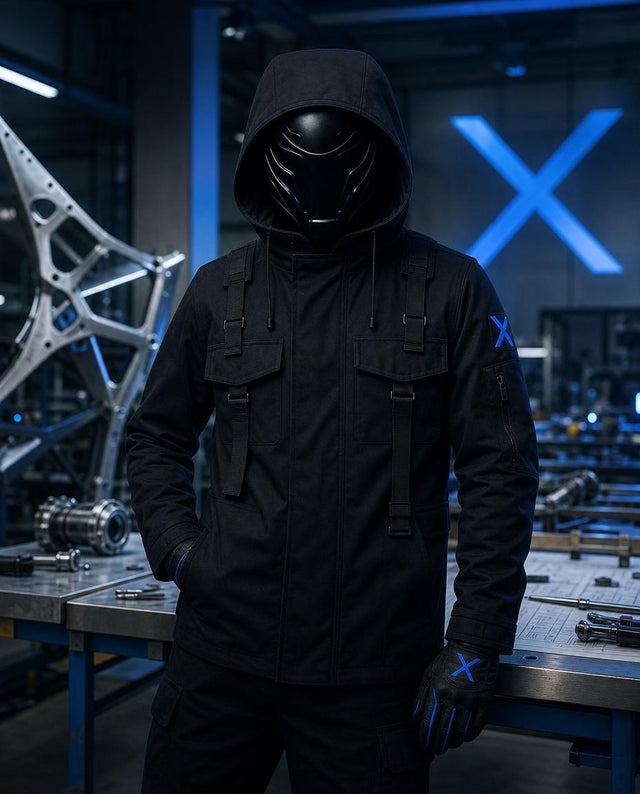 Photorealistic luxury fashion editorial portrait of Tokai X standing confidently beside a precision engineering workbench
