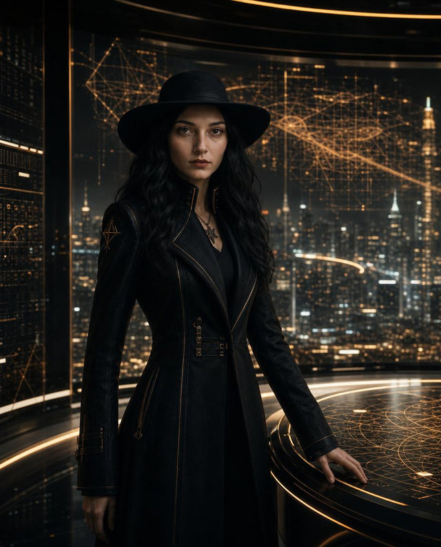Nyrah Hex standing inside the Control Nexus overlooking a vast illuminated city with gold network overlays and architectural control systems.