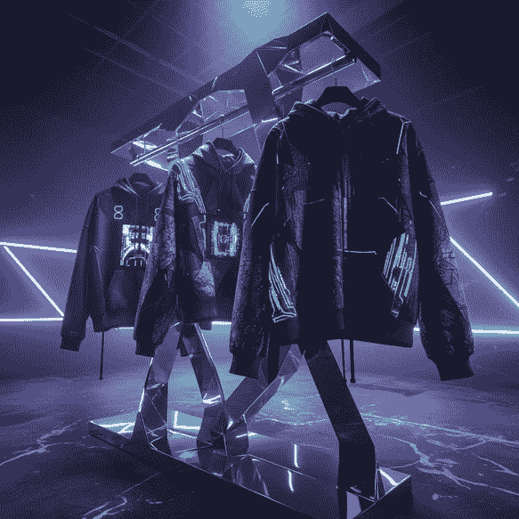 Premium streetwear hoodies displayed on a chrome rack under neon purple and cyan lighting featuring graphic, zip-up, and heavyweight fleece styles from Multiversity.