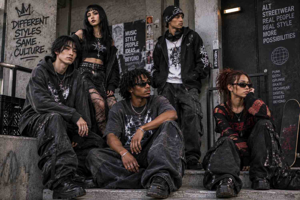 Group wearing varied ALT streetwear on a rooftop, mixing goth, punk, grunge and technical influences