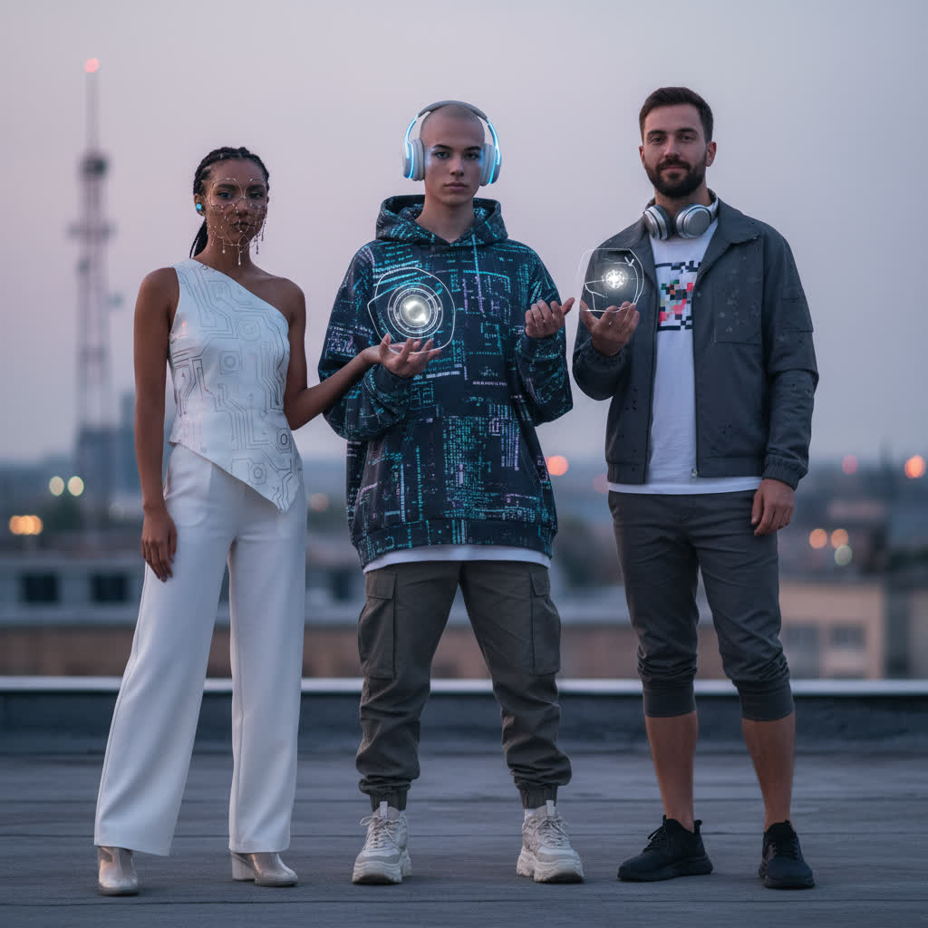 Stylish urban creators wearing AI-inspired glitchwear and wireless headphones, photographed in cinematic studio lighting to represent the fusion of streetwear, technology, and lifestyle.