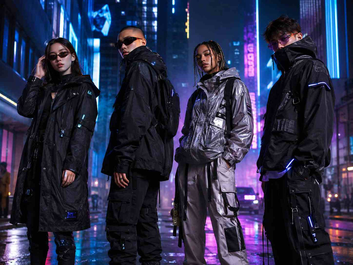 Four models wearing modern cyberpunk streetwear with technical outerwear and controlled neon accents in a futuristic city at night
