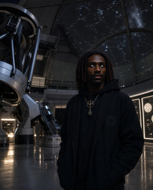 editorial portrait of Asher Voidline standing inside a vast modern observatory.