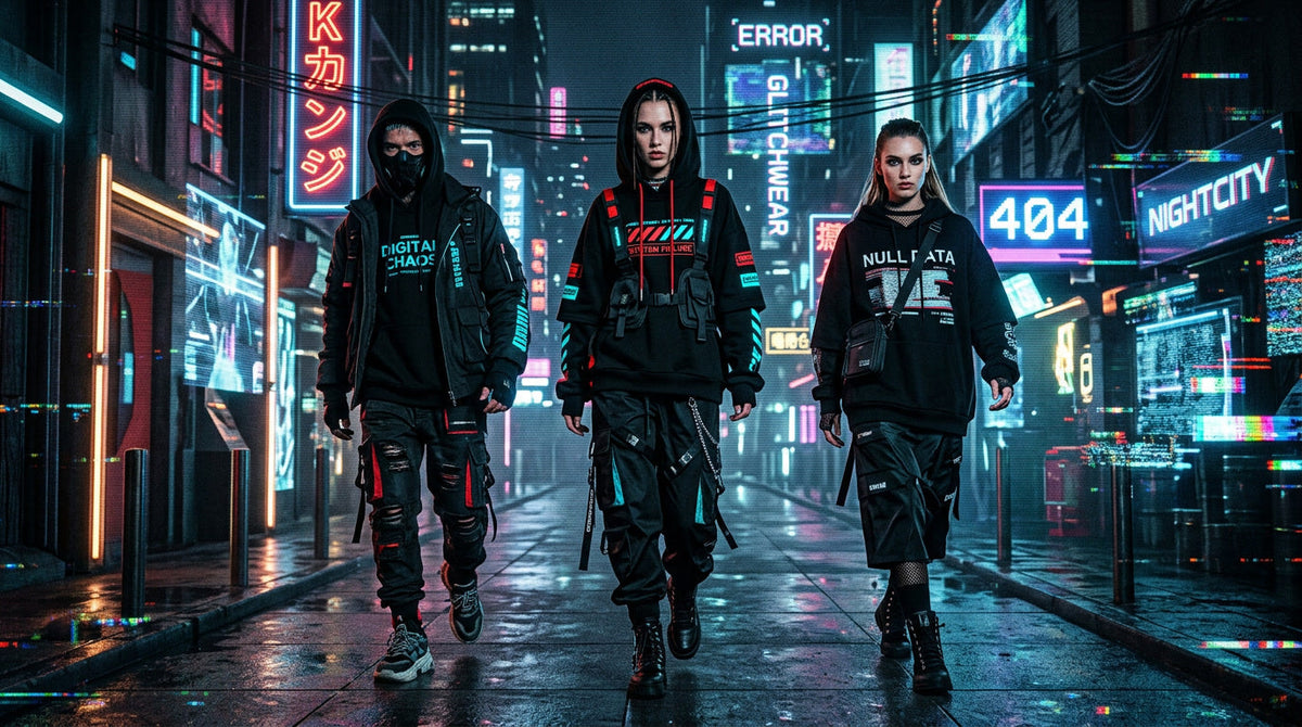 Futuristic glitchwear outfits in a premium AI streetwear editorial scene