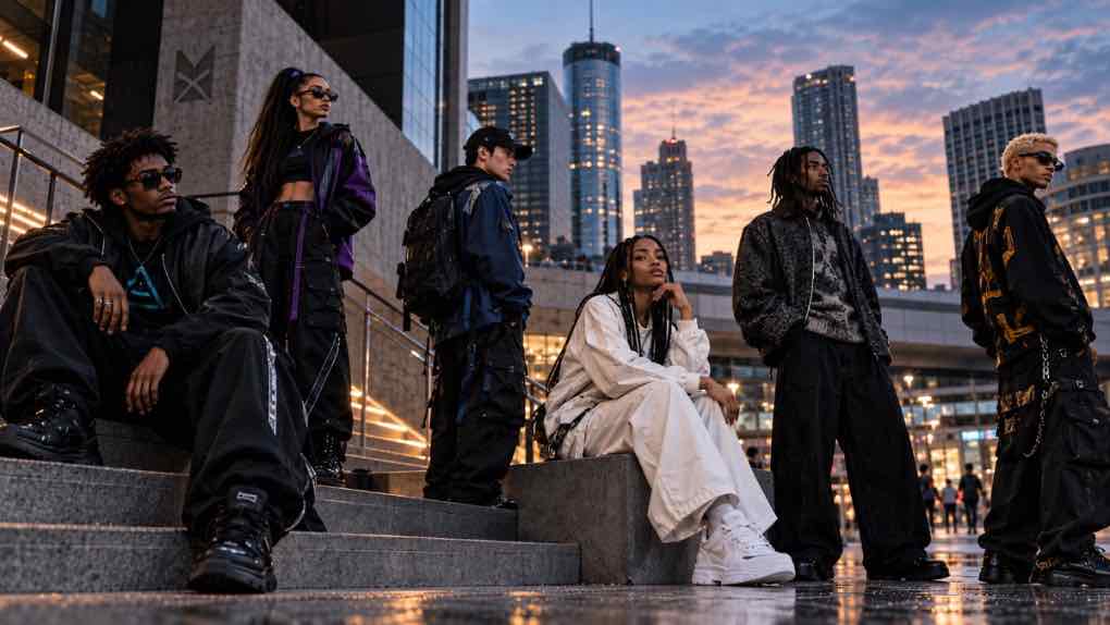 Distinct streetwear identities in an urban setting illustrating fashion as personal expression in 2026.
