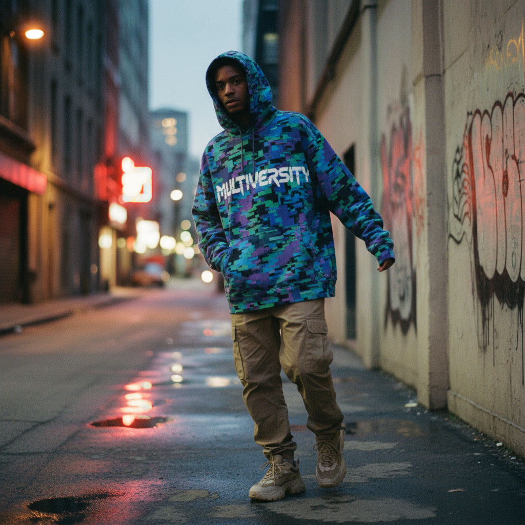 Model wearing Multiversity collectible glitchwear hoodie in urban setting.