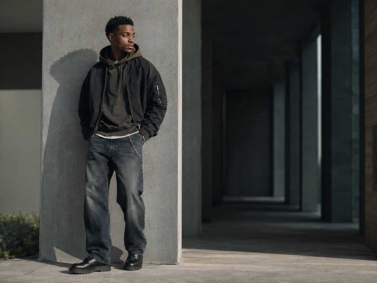 Modern streetwear editorial showing a personal style built around relaxed layering, washed denim and black footwear