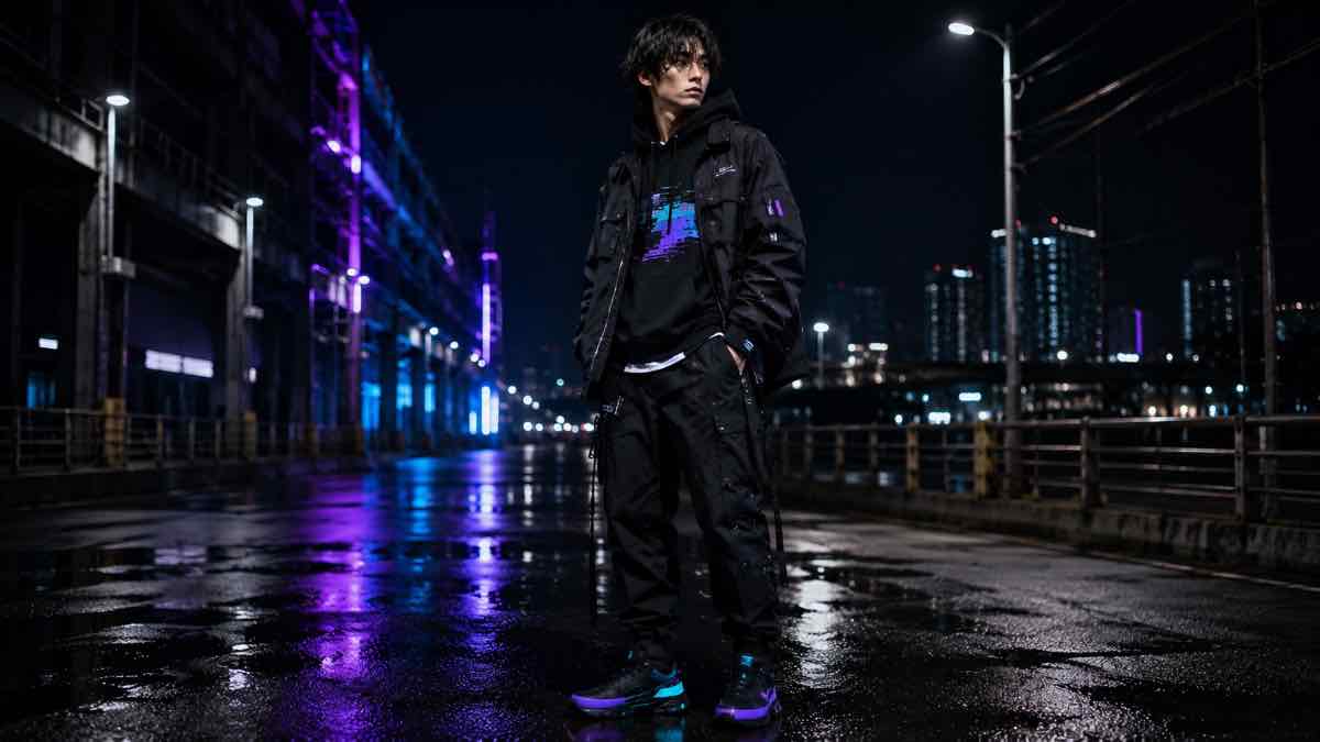 Three models wearing glitchwear streetwear with black hoodies, a graphic sweatshirt, cargo pants, and cyan-purple digital distortion accents at night.