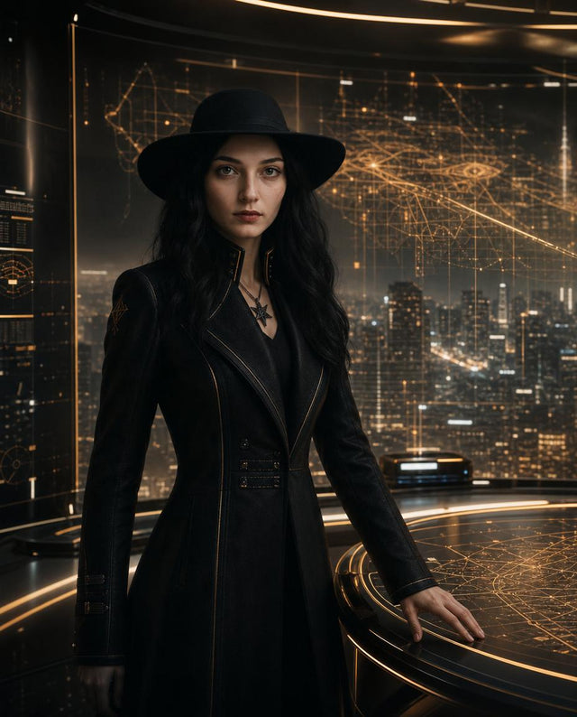 Nyrah Hex inside the Control Nexus overlooking a glowing city with gold network overlays and architectural systems.