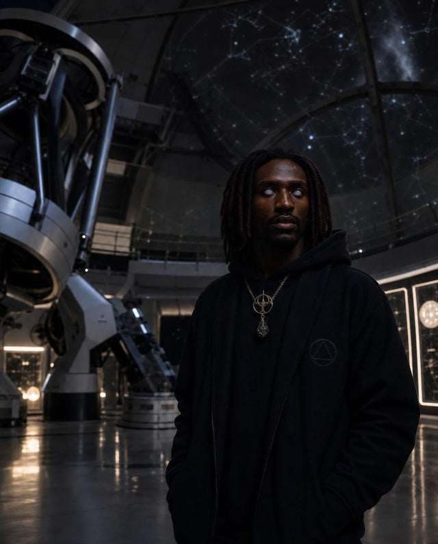 Photorealistic luxury fashion editorial portrait of Asher Voidline standing inside a vast modern observatory.