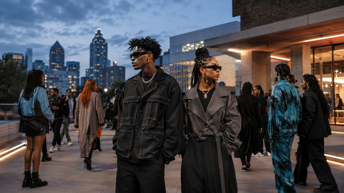 Atlanta fashion attendees in elevated streetwear at blue hour with the Atlanta skyline.