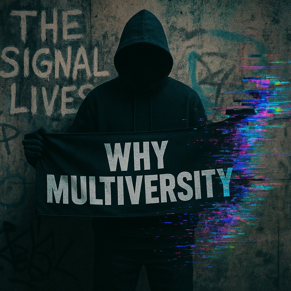 Multiversity streetwear universe with glitch-coded visuals, original characters, and identity-driven fashion.