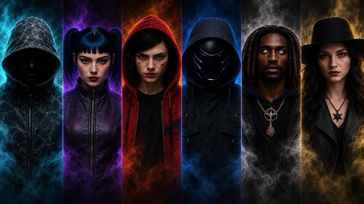 The Multiversity Six character reference: Zane, Cyndra, Rebel, Tokai, Asher and Nyrah in their signature Mode colors.