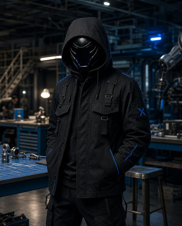 Photorealistic editorial portrait of Tokai X standing confidently inside a premium engineering workshop.
