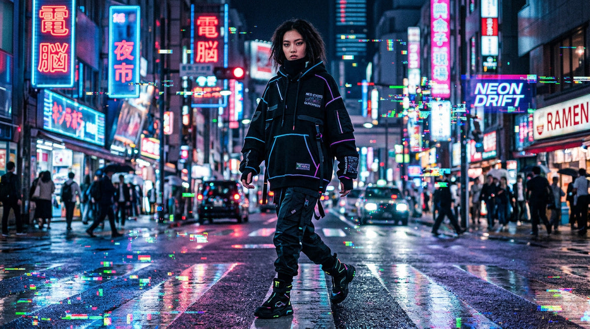 futuristic glitchwear streetwear outfit with black hoodie and neon digital effects in urban city at night