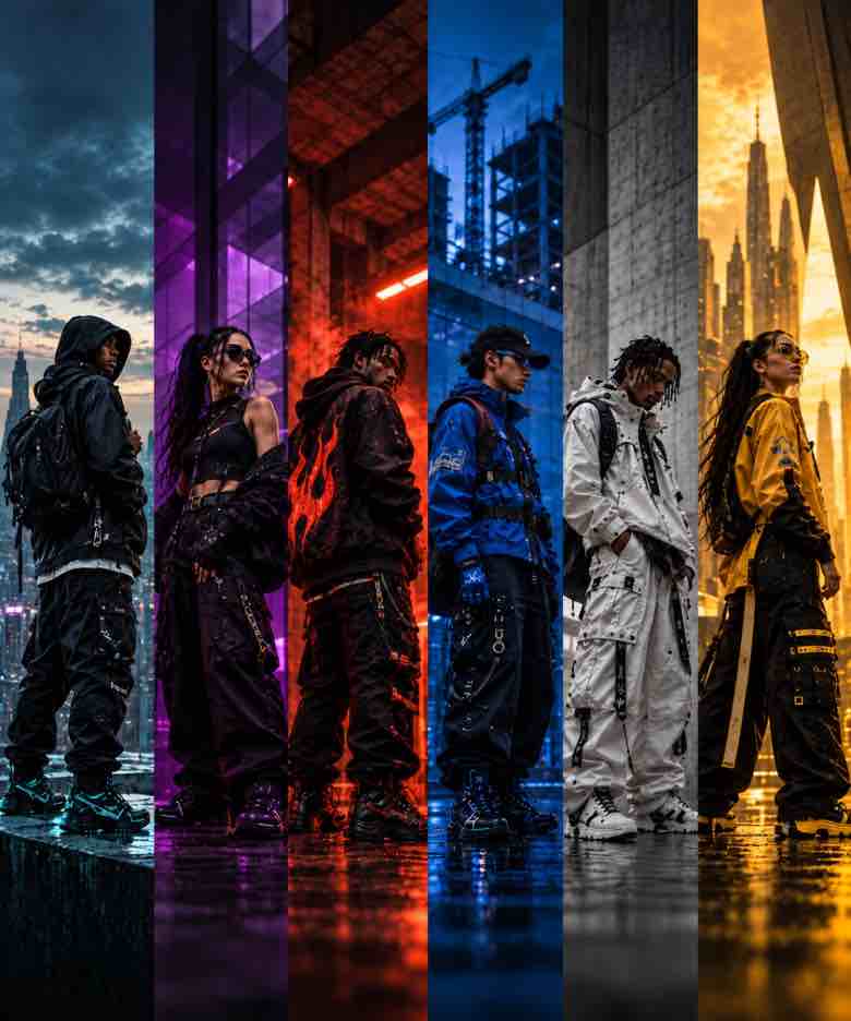 Six contemporary streetwear identity patterns represented through distinct visual approaches to personal style in 2026.