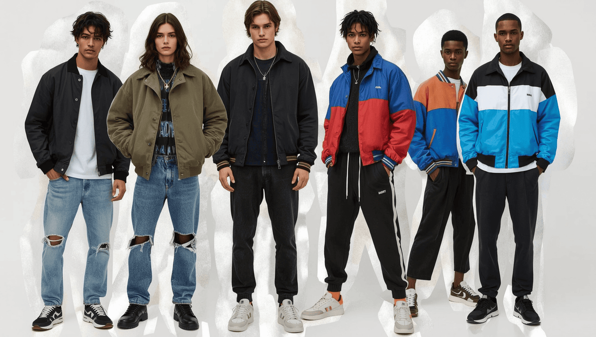 Collage of 1990s fashion: grunge flannels, hip-hop streetwear, minimalist tailoring, and colorful windbreakers.