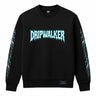 Front view of Dripwalker Sweatshirt in black with bold cyan DRIPWALKER logo and sleeve motifs