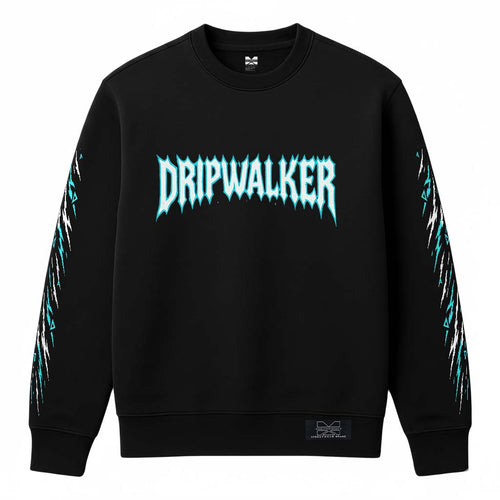 Front view of Dripwalker Sweatshirt in black with bold cyan DRIPWALKER logo and sleeve motifs