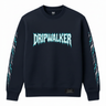 Front view of Dripwalker Sweatshirt in navy with cyan glitch text and sleeve graphics