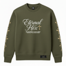 Front view of Eternal Hex Sweatshirt in green with gold cross sleeve graphics