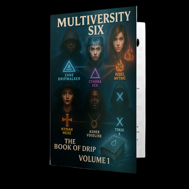 Book cover of 'Multiversity Six: The Book of Drip Volume 1' with character names and symbols.