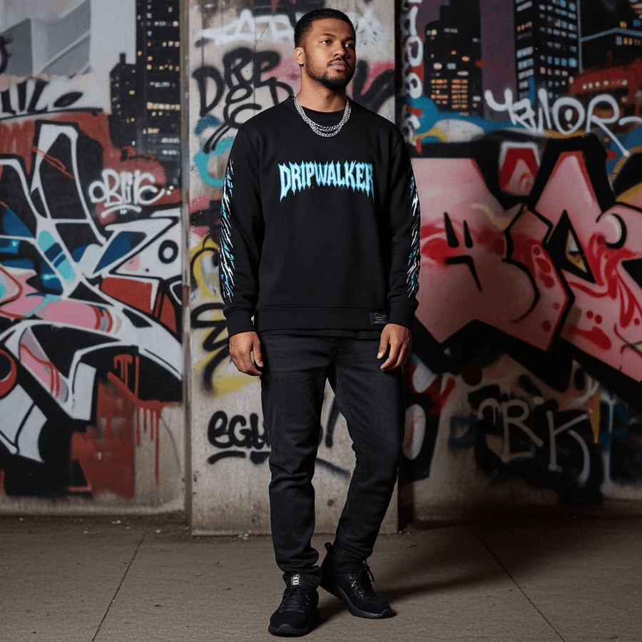 Man wearing a black sweatshirt with DRIPWALKER text in front of graffiti-covered walls.