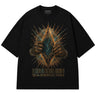 Multiversity Reality Breaker Tee in black with orange, teal and distressed graphic, front view