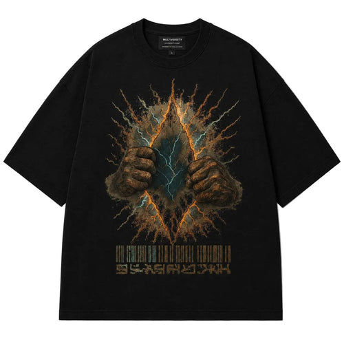 Multiversity Reality Breaker Tee in black with orange, teal and distressed graphic, front view